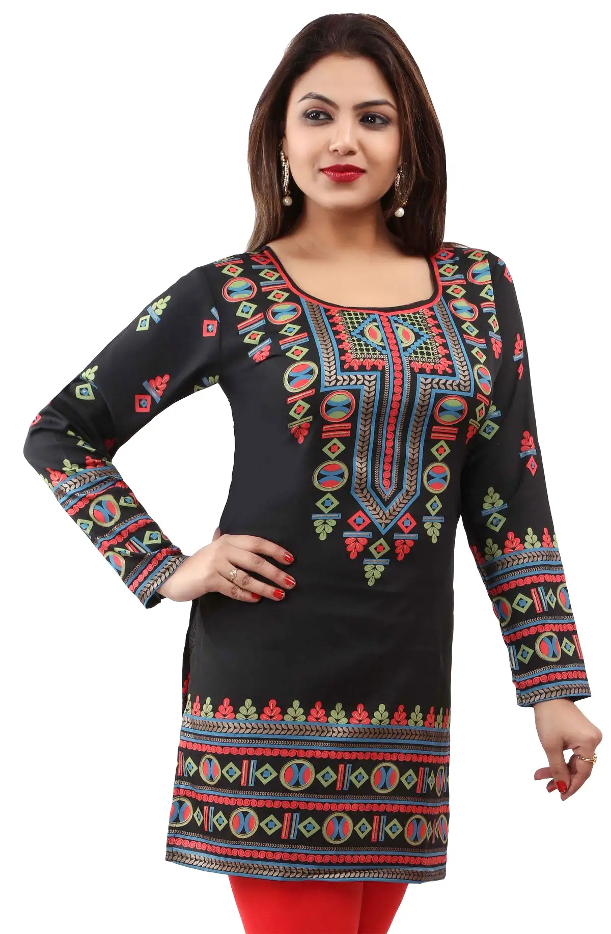 India Womens Tunic Top Kurti Printed Indian Clothing (Black)