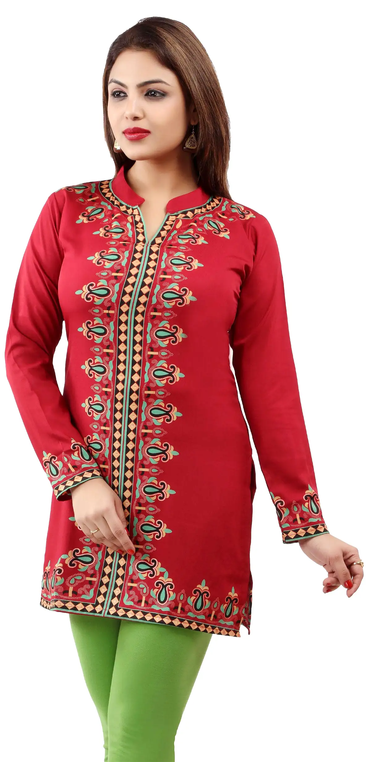 India Women's Tunic Top Kurti Printed Indian Clothing (Red)