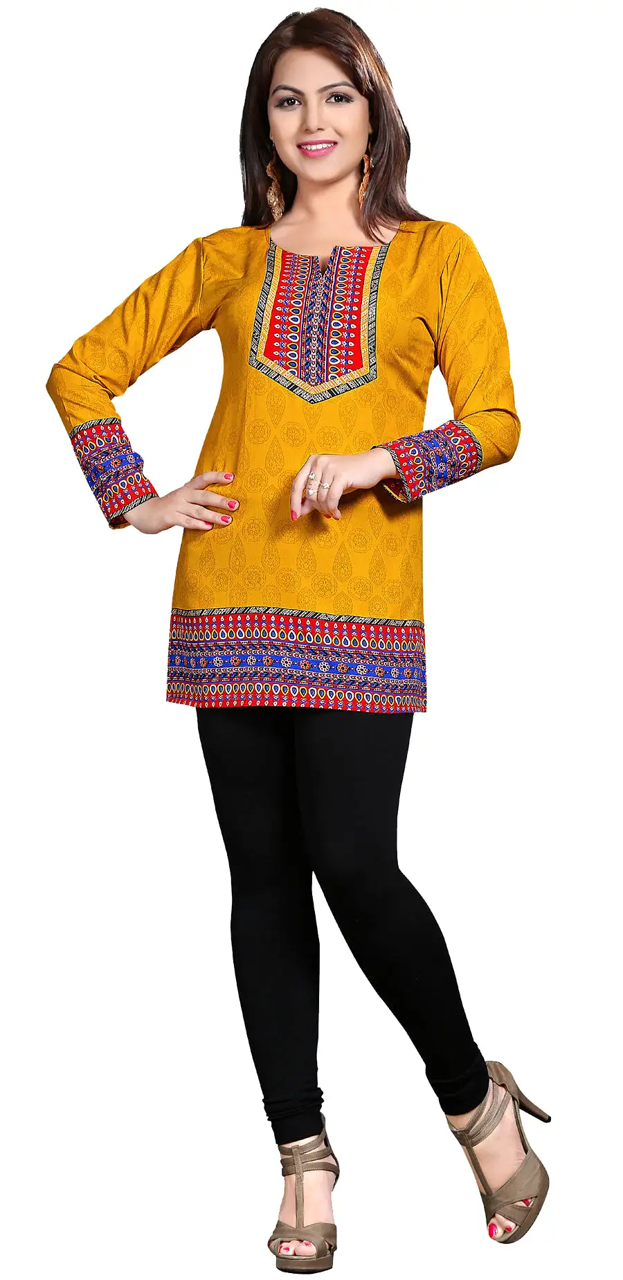 Indian Kurti Top Tunic Printed Womens Blouse India Clothes (Yellow)