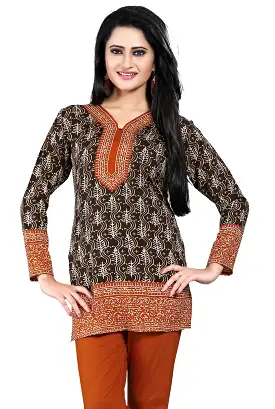 Indian Long Kurti Top Tunic Printed Womens India Clothes (Coffee)