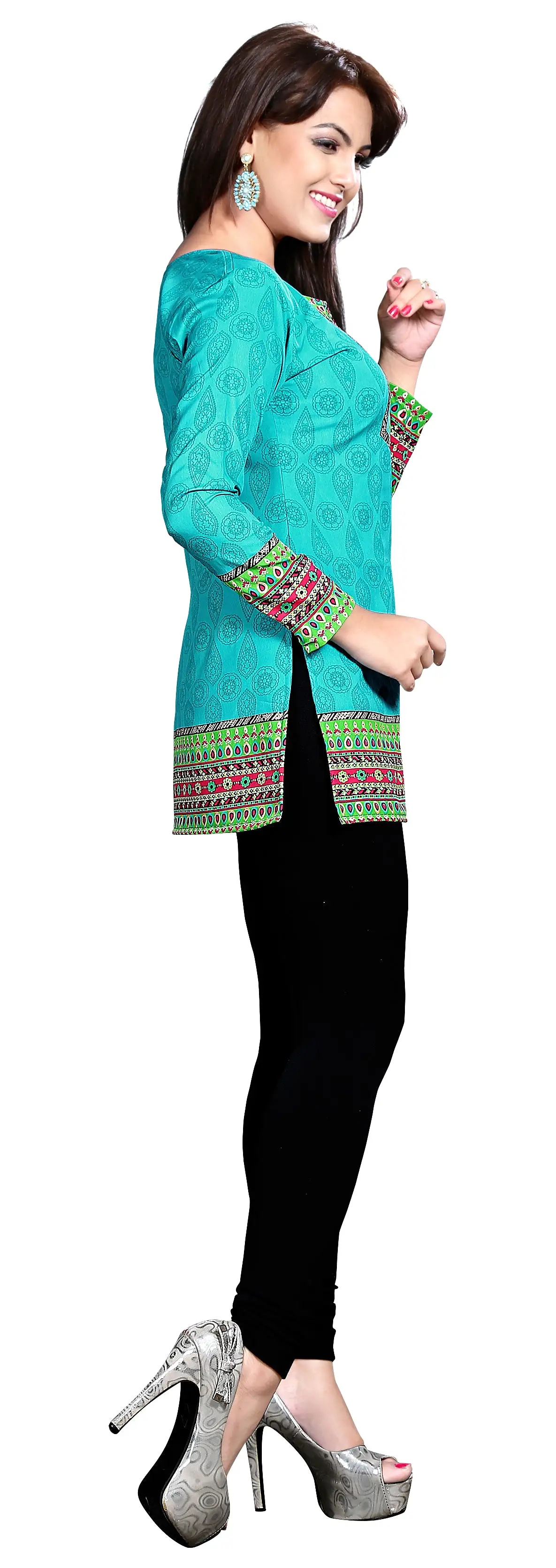 Indian Long Kurti Top Tunic Printed Womens India Clothes (Green)