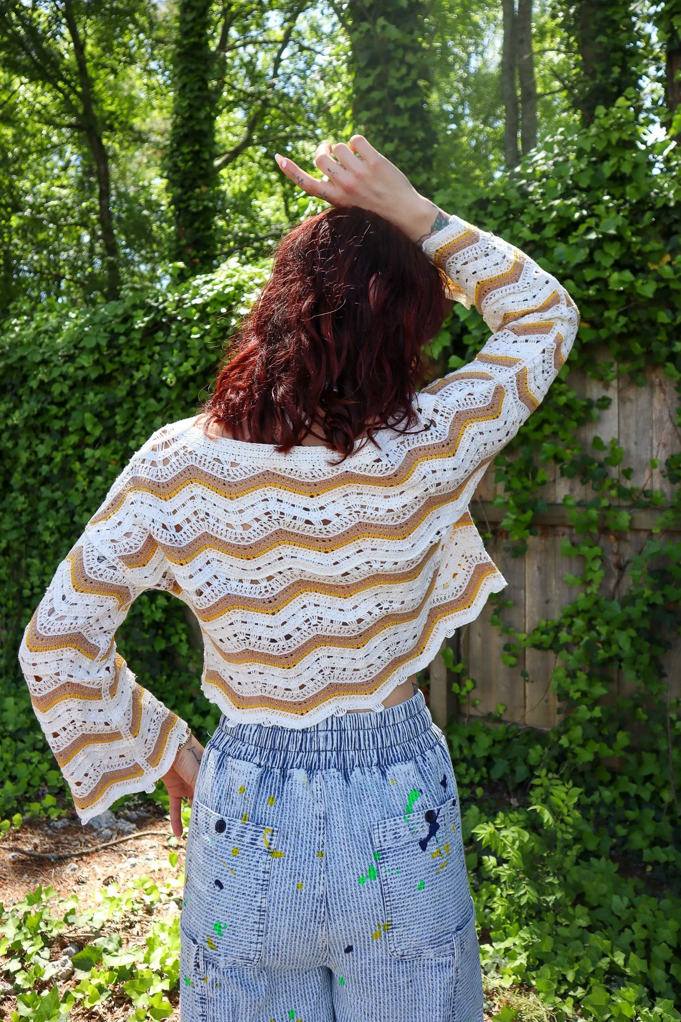 Jenny Long Sleeves Chevron Patterned Crochet Style Top