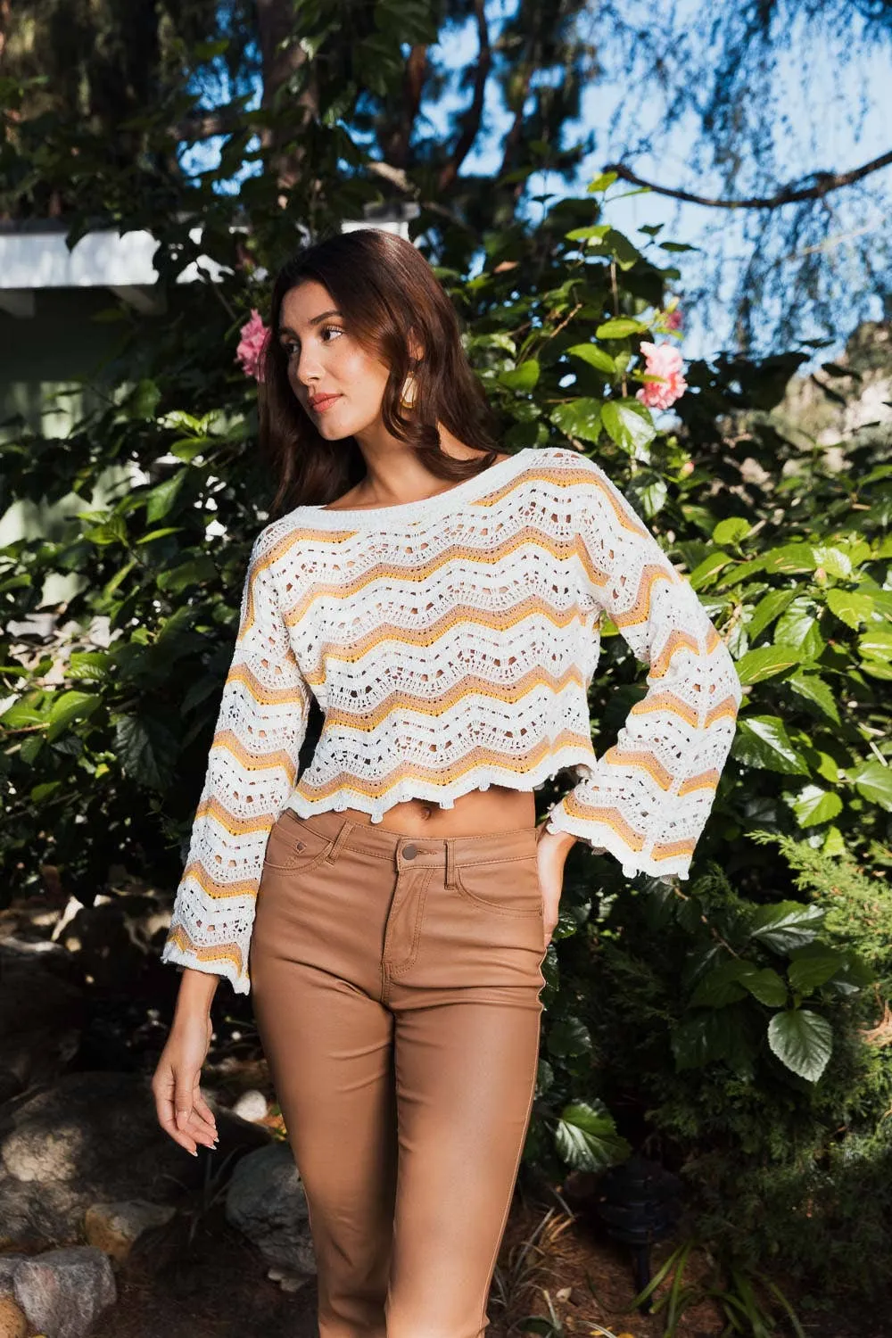 Jenny Long Sleeves Chevron Patterned Crochet Style Top