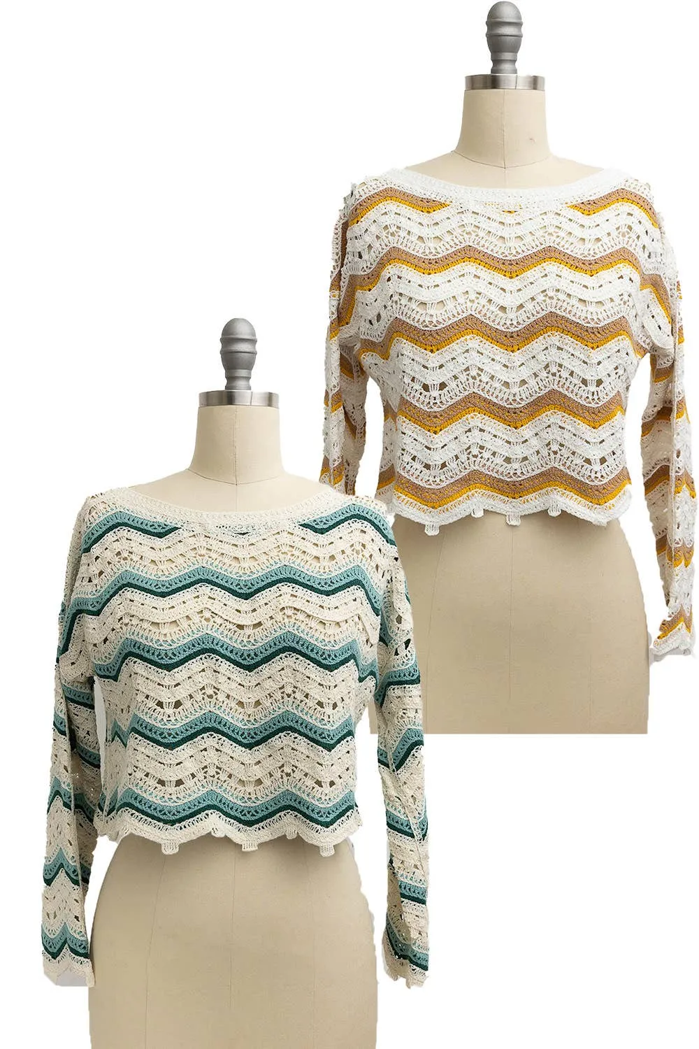 Jenny Long Sleeves Chevron Patterned Crochet Style Top