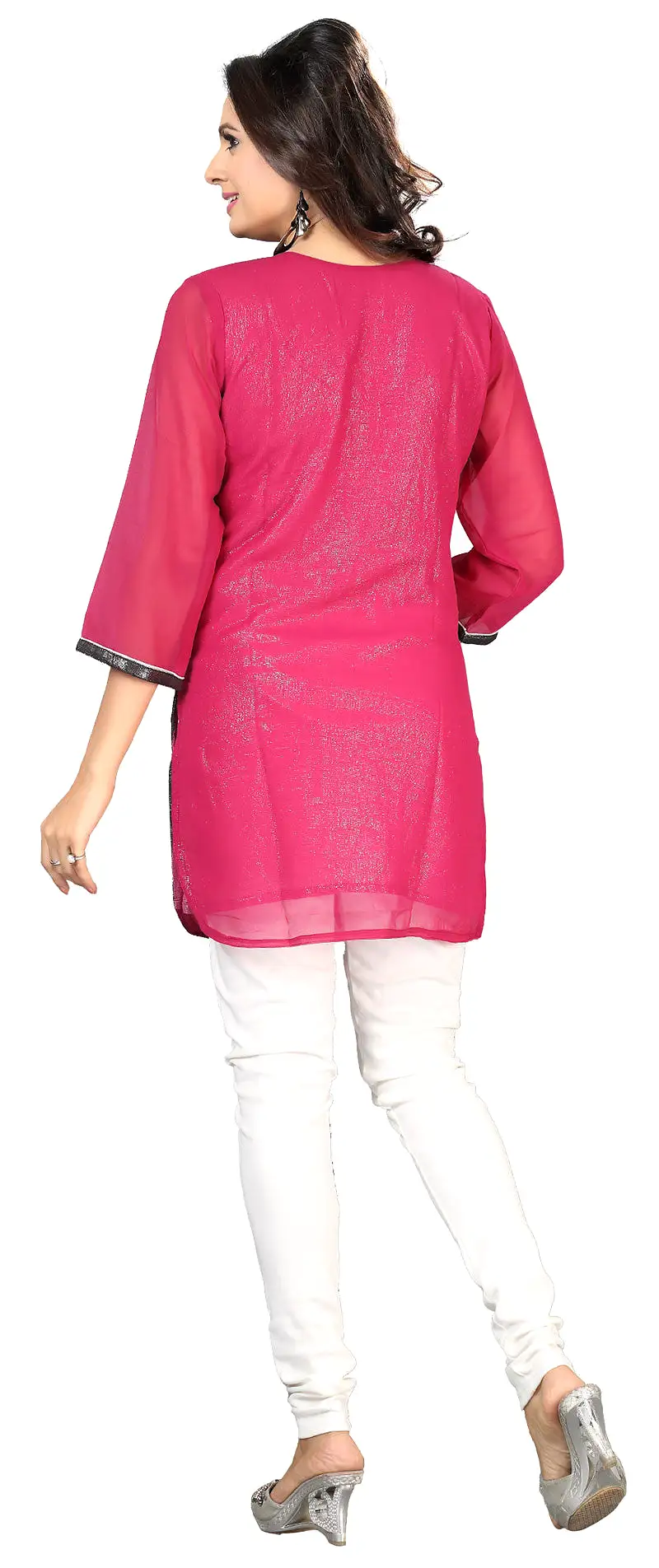 Kurti Top Long Tunic Womens Sequins Blouse India Clothing (Pink)