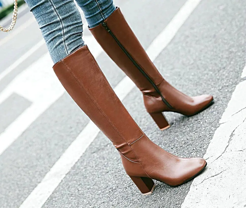 Leather High Heeled Knee High Women Boots