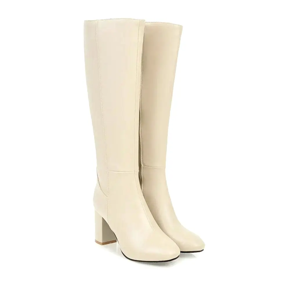 Leather High Heeled Knee High Women Boots