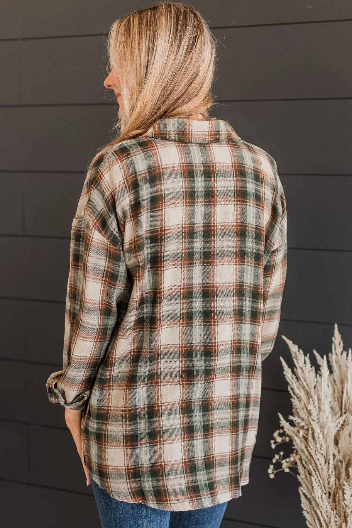 Like Clockwork Plaid Button Top- Hunter Green