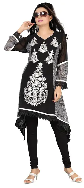 Long India Tunic Top Womens Kurti Embroidered Georgette Indian Clothing (Black)