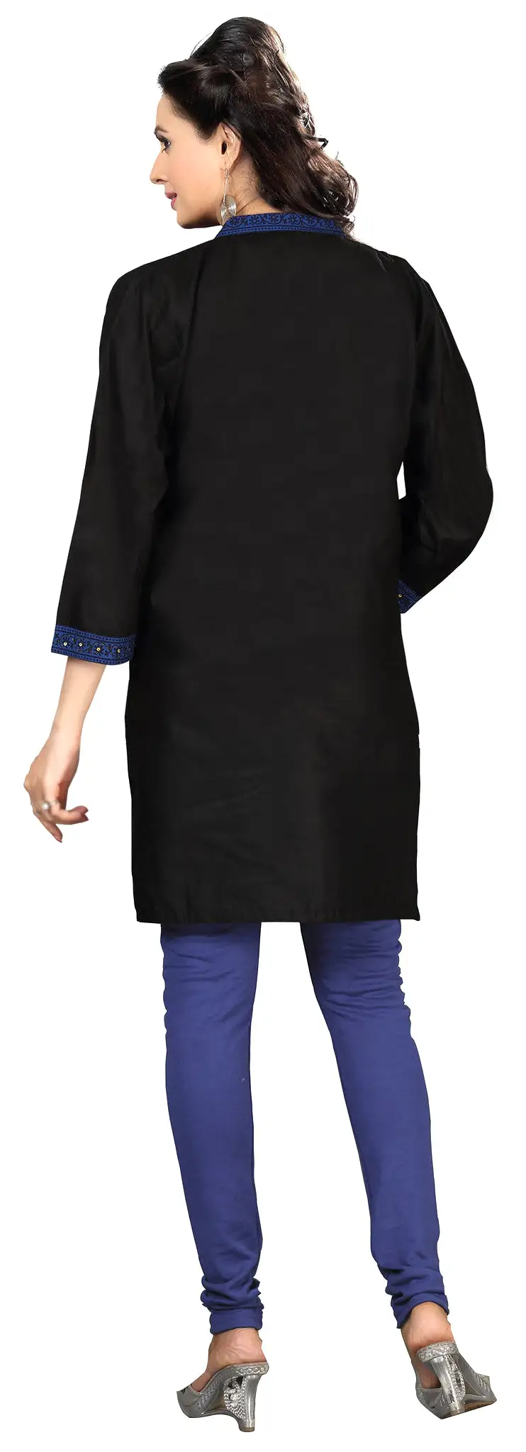 Long Kurti Top Tunic Cotton Embroidered Womens India Clothes (Black)