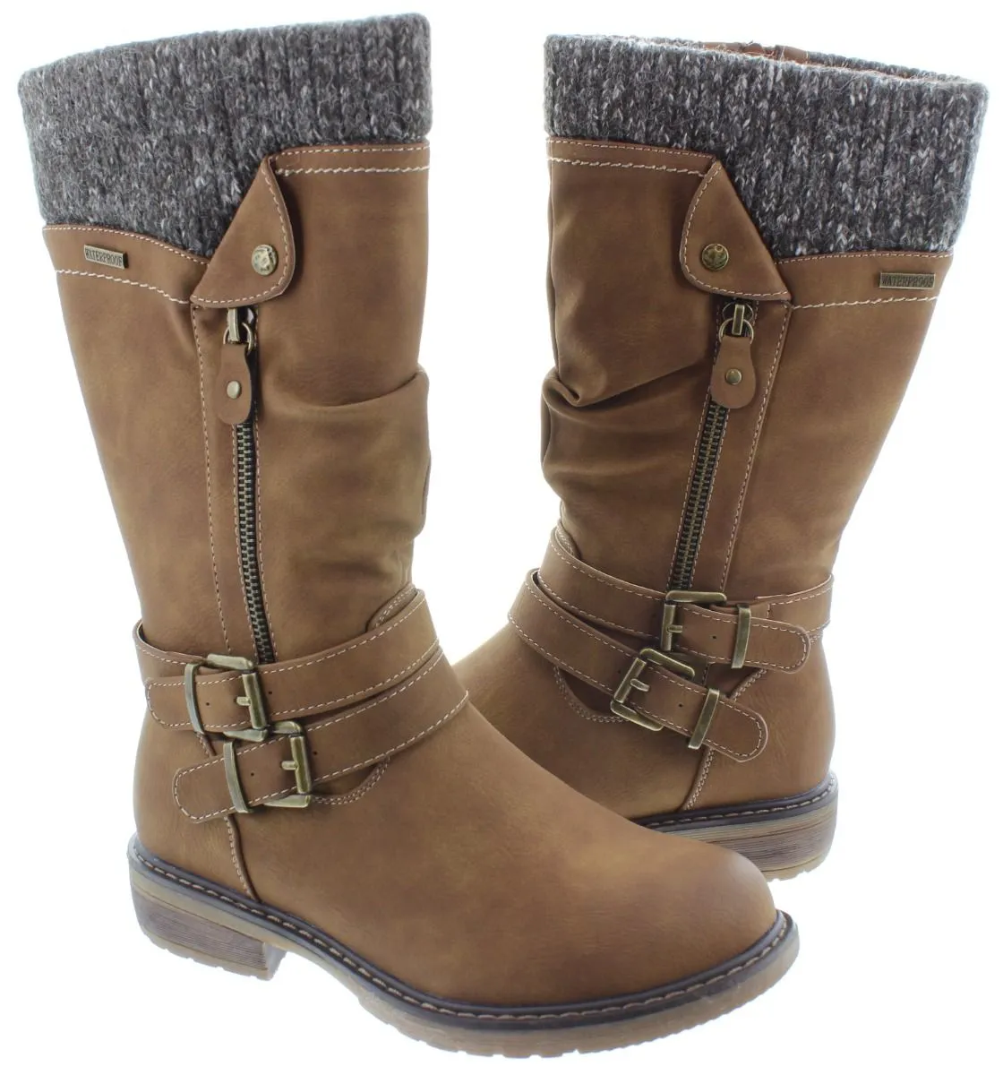 LUNAR Ladies GLB134 Peyton Waterproof Calf Boots In Tan