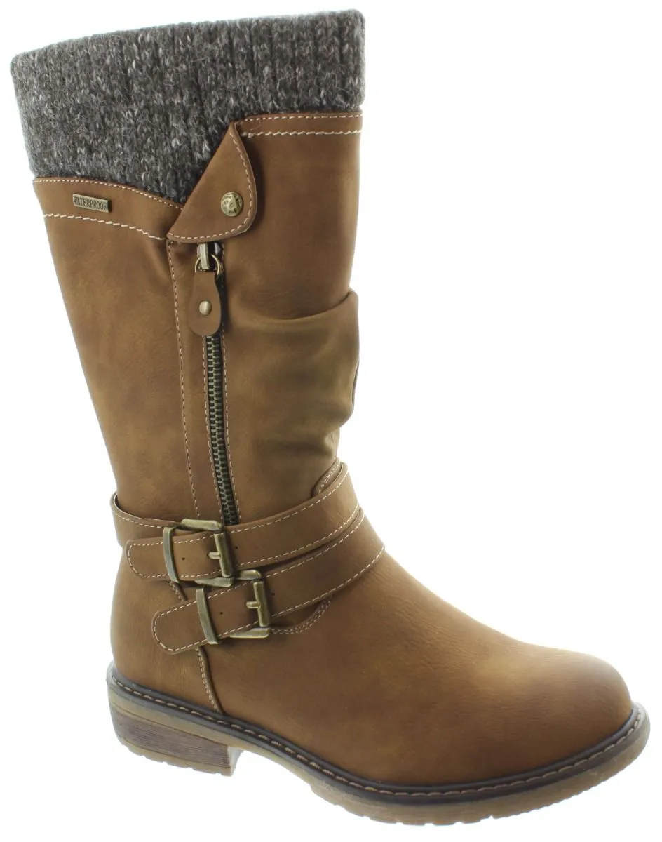 LUNAR Ladies GLB134 Peyton Waterproof Calf Boots In Tan