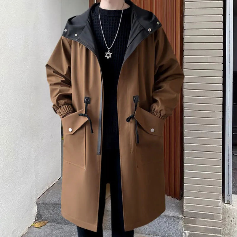 Men's Casual Contrast Color Hooded Long Streetwear Trench Coat