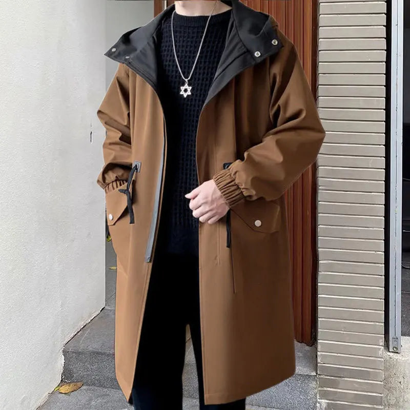 Men's Casual Contrast Color Hooded Long Streetwear Trench Coat