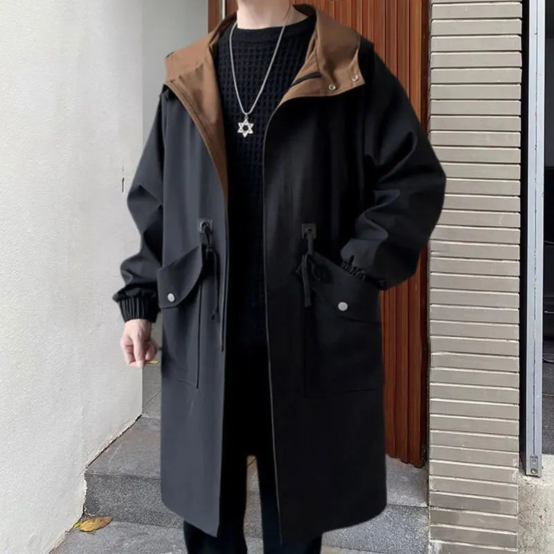 Men's Casual Contrast Color Hooded Long Streetwear Trench Coat