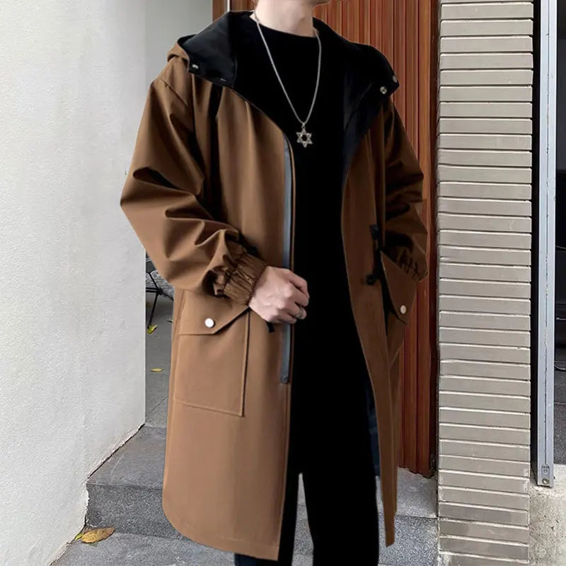 Men's Casual Contrast Color Hooded Long Streetwear Trench Coat