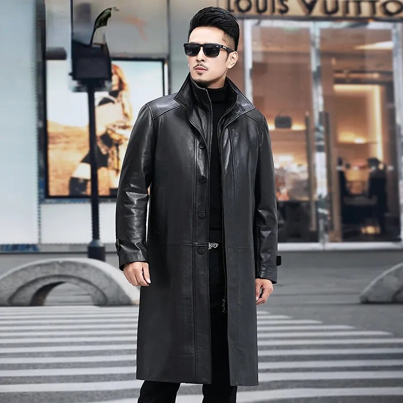 Men's Casual Genuine Leather Double-Layer Collar Winter Long Coat