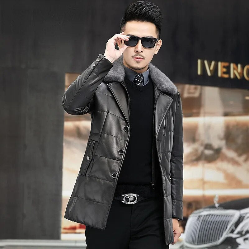 Men's Casual Genuine Leather Mink Fur Collar Button Winter Jacket