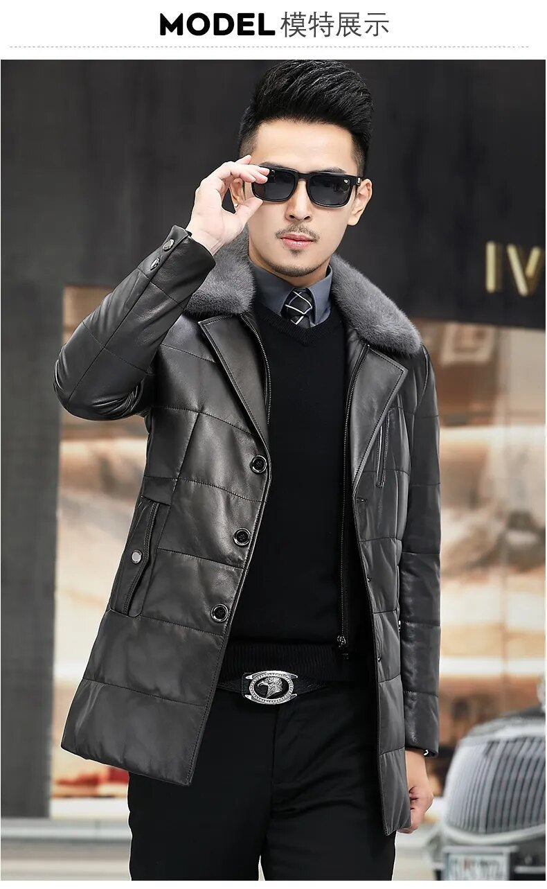 Men's Casual Genuine Leather Mink Fur Collar Button Winter Jacket