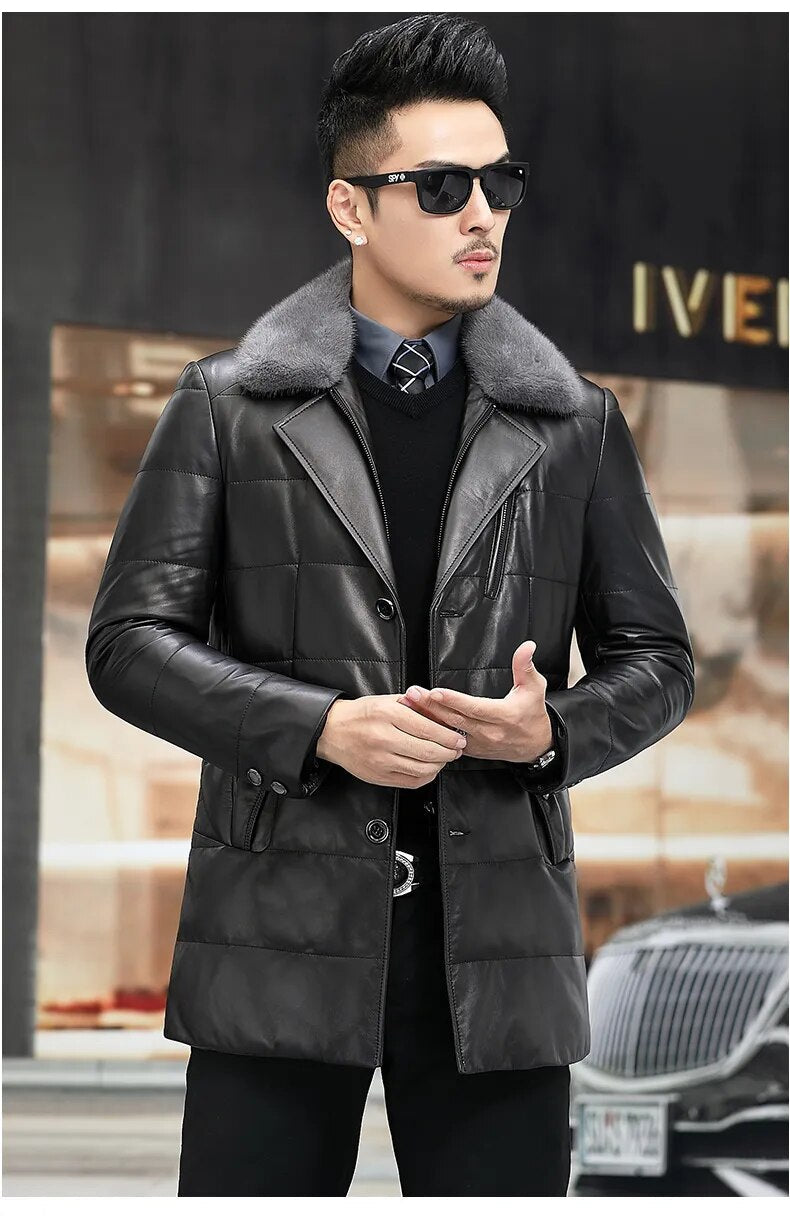 Men's Casual Genuine Leather Mink Fur Collar Button Winter Jacket