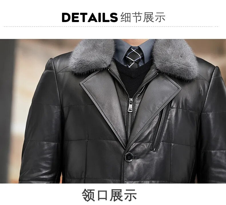 Men's Casual Genuine Leather Mink Fur Collar Button Winter Jacket