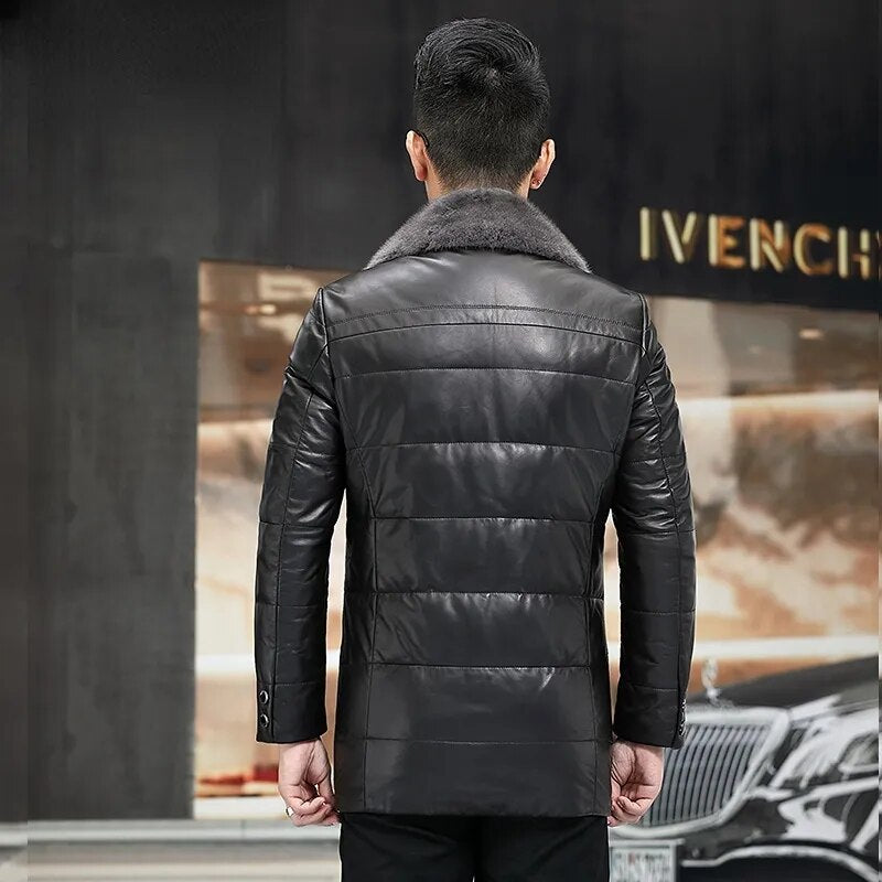 Men's Casual Genuine Leather Mink Fur Collar Button Winter Jacket