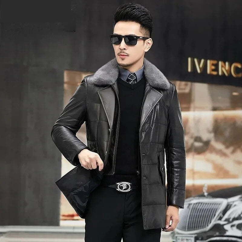 Men's Casual Genuine Leather Mink Fur Collar Button Winter Jacket