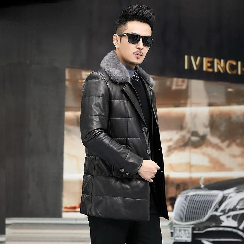 Men's Casual Genuine Leather Mink Fur Collar Button Winter Jacket