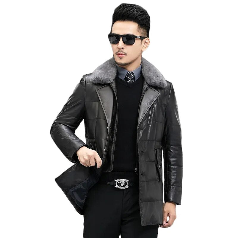 Men's Casual Genuine Leather Mink Fur Collar Button Winter Jacket