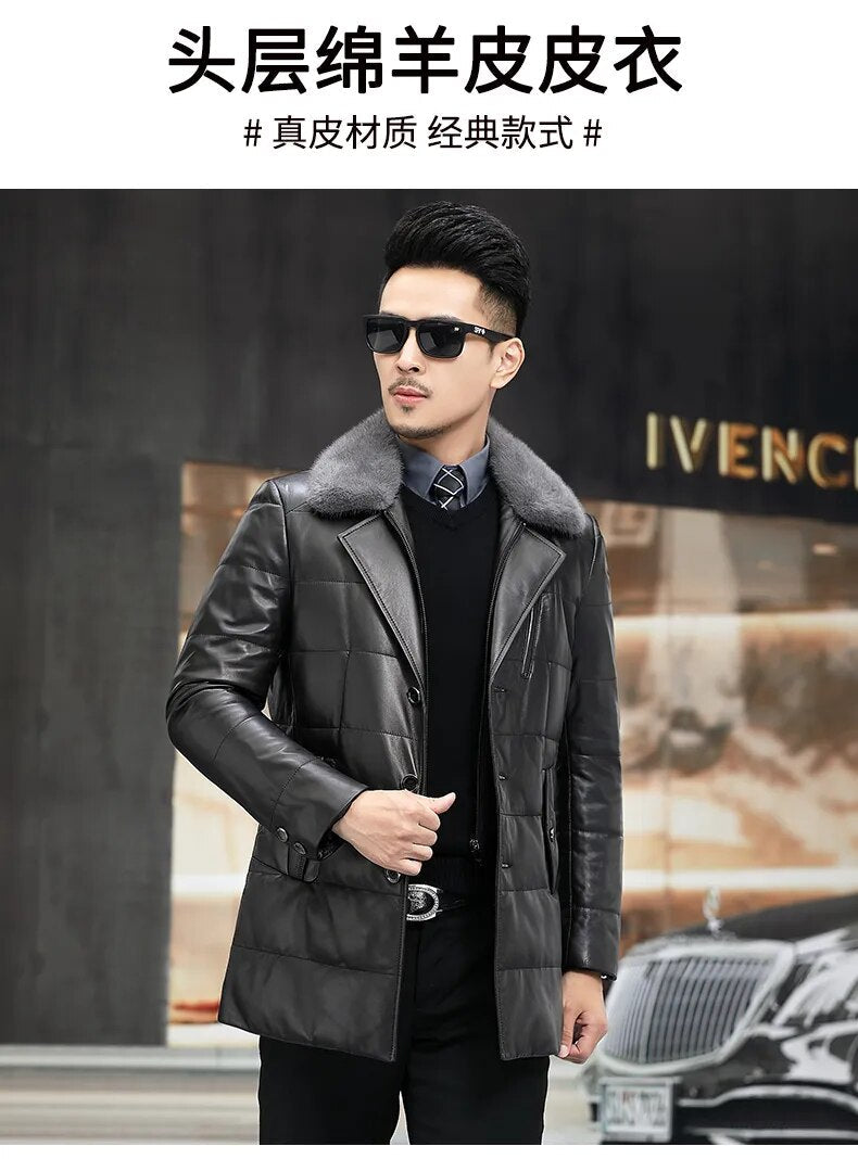 Men's Casual Genuine Leather Mink Fur Collar Button Winter Jacket