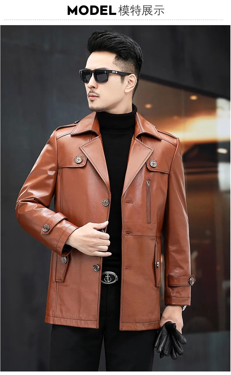 Men's Cowhide Leather Business Casual Medium Long Windbreaker Coat