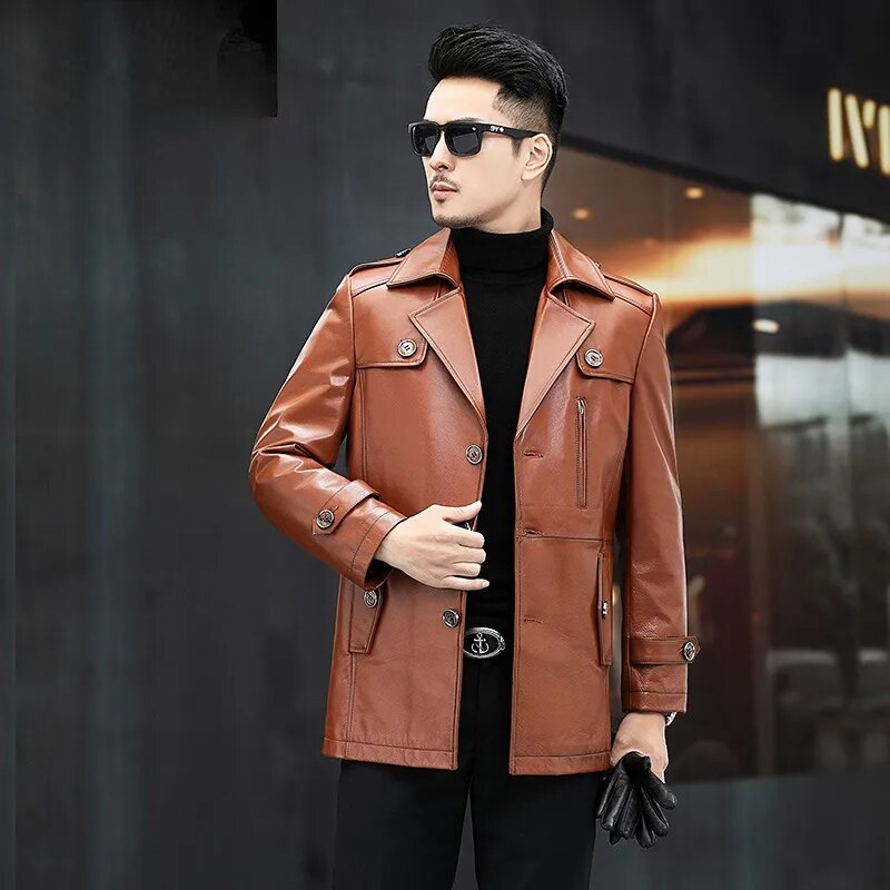 Men's Cowhide Leather Business Casual Medium Long Windbreaker Coat