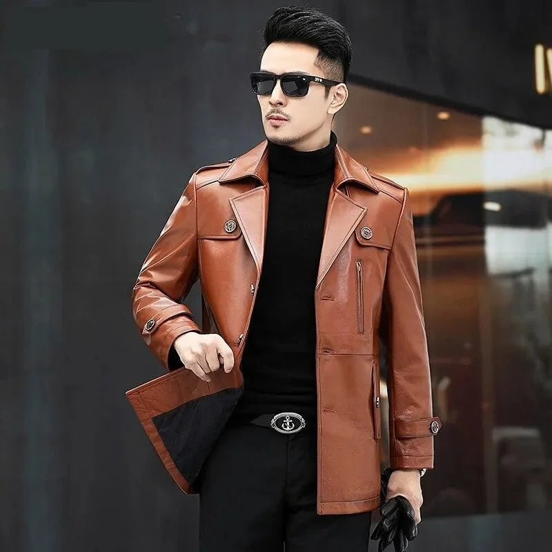 Men's Cowhide Leather Business Casual Medium Long Windbreaker Coat