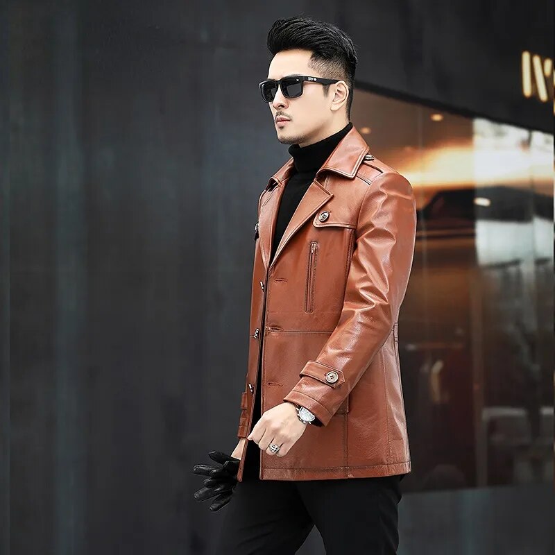 Men's Cowhide Leather Business Casual Medium Long Windbreaker Coat