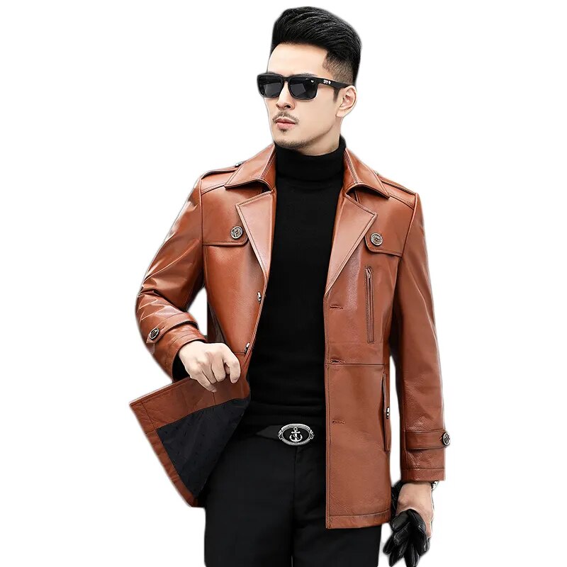 Men's Cowhide Leather Business Casual Medium Long Windbreaker Coat