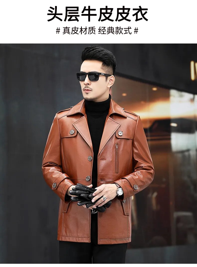 Men's Cowhide Leather Business Casual Medium Long Windbreaker Coat