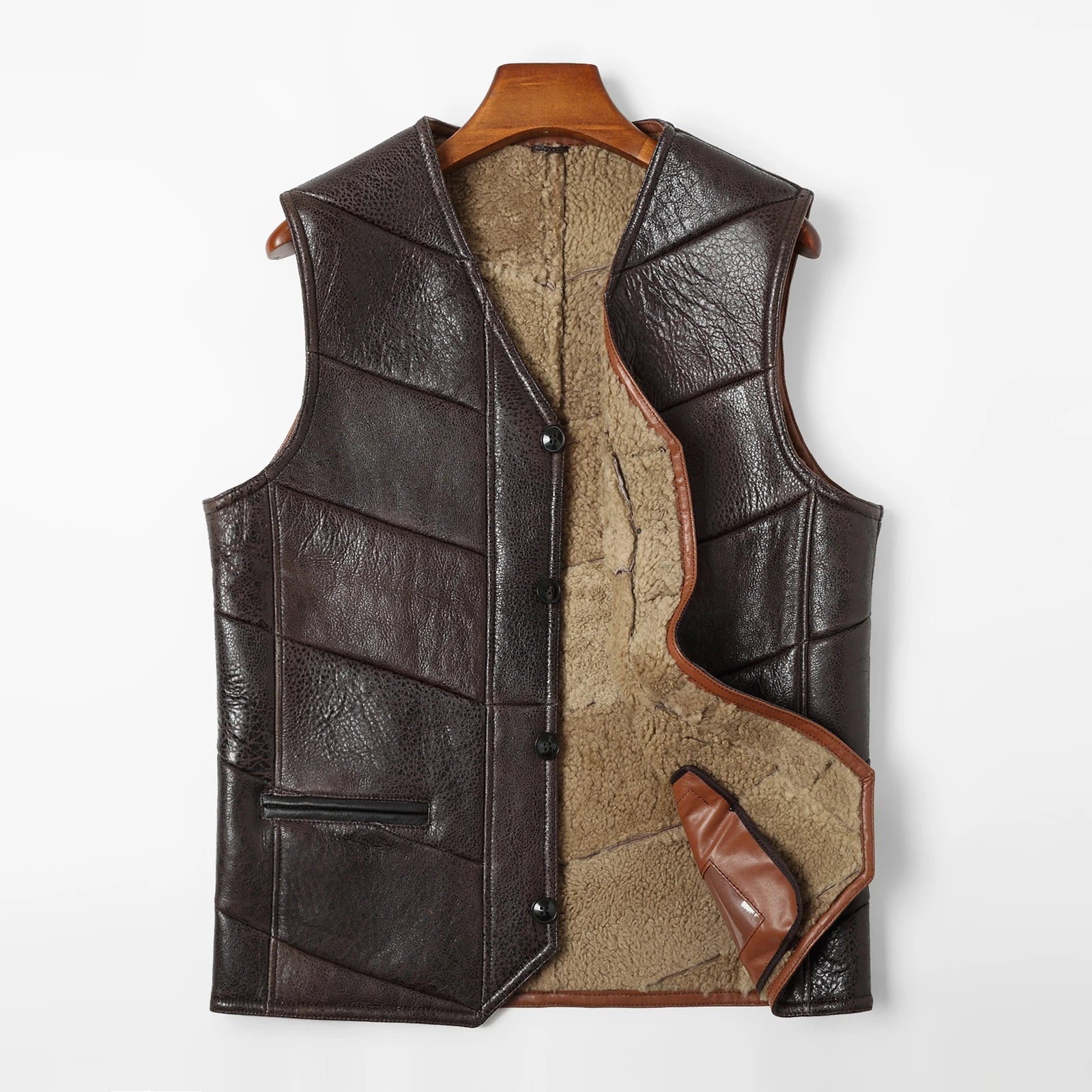 Men's Genuine Leather Sleeveless Stand Collar Lamb Fur Vest Coat