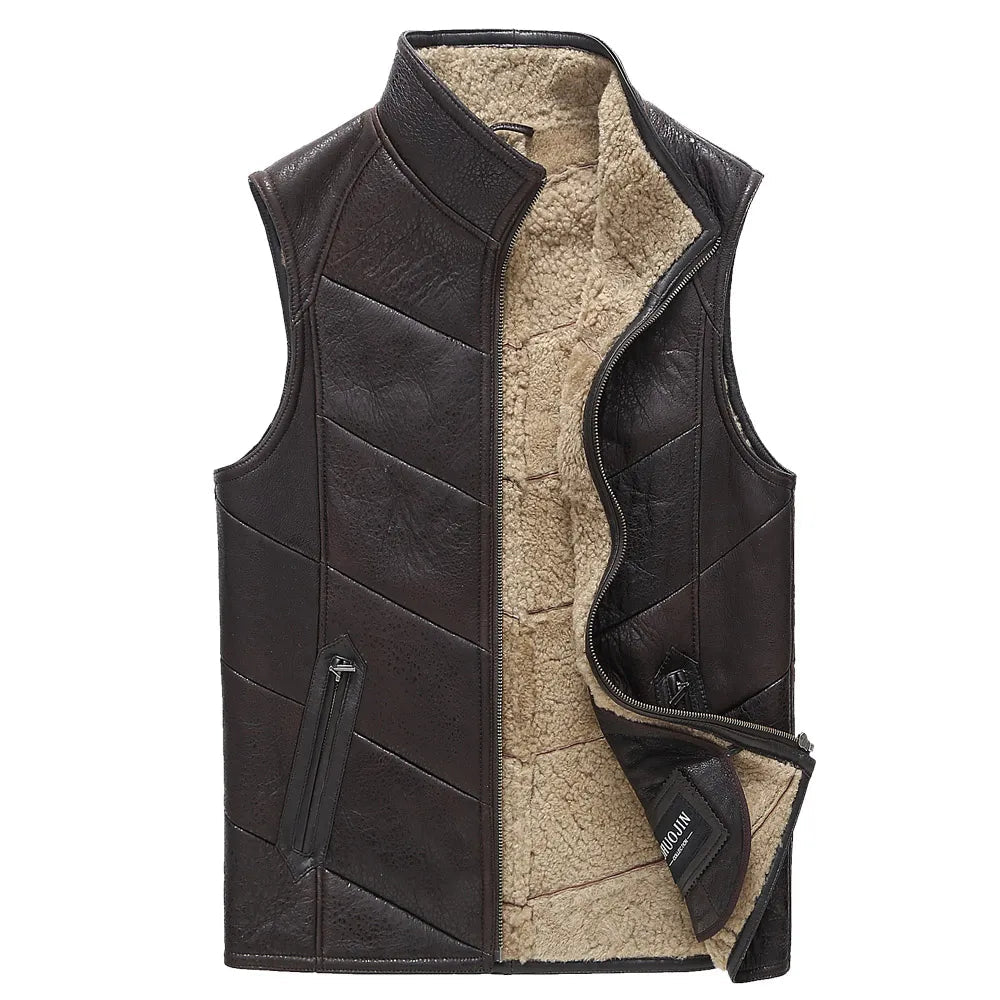 Men's Genuine Leather Sleeveless Stand Collar Lamb Fur Vest Coat