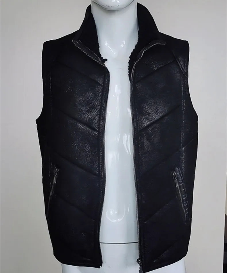 Men's Genuine Leather Sleeveless Stand Collar Lamb Fur Vest Coat