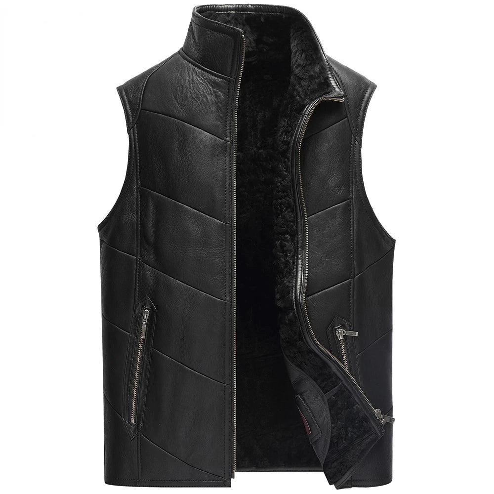 Men's Genuine Leather Sleeveless Stand Collar Lamb Fur Vest Coat