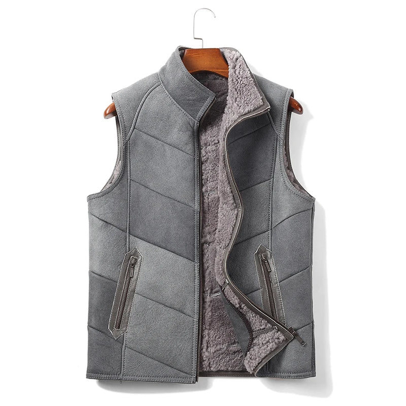 Men's Genuine Leather Sleeveless Stand Collar Lamb Fur Vest Coat