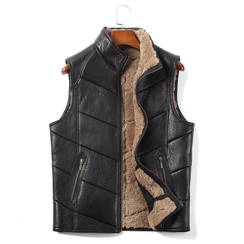 Men's Genuine Leather Sleeveless Stand Collar Lamb Fur Vest Coat