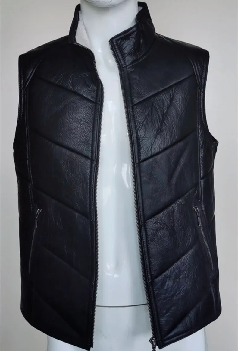 Men's Genuine Leather Sleeveless Stand Collar Lamb Fur Vest Coat