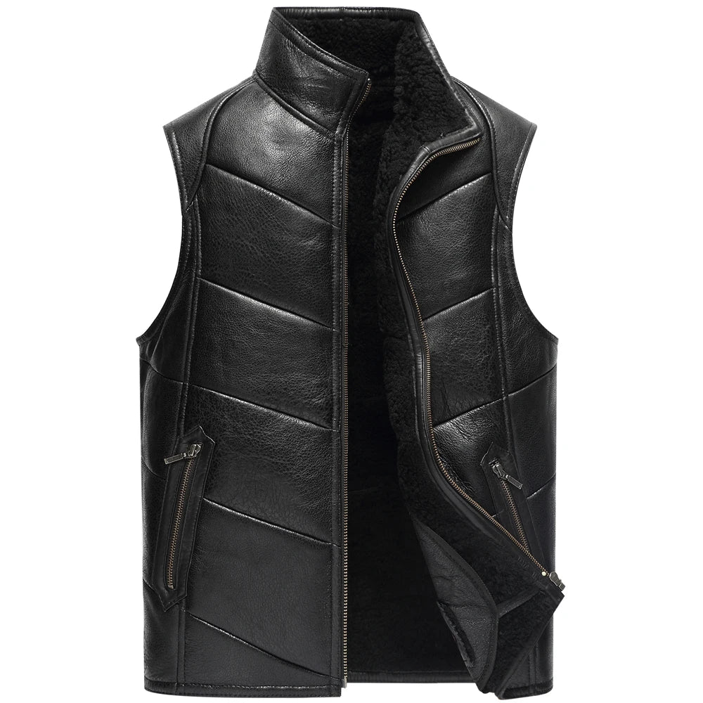 Men's Genuine Leather Sleeveless Stand Collar Lamb Fur Vest Coat