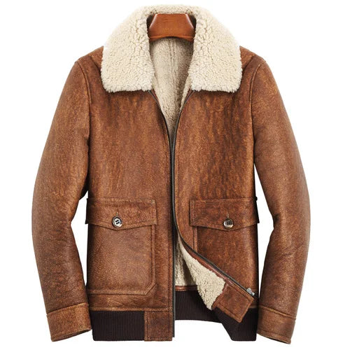 Men's Real Sheepskin Solid Pattern Turn-down Collar Slim Winter Coat