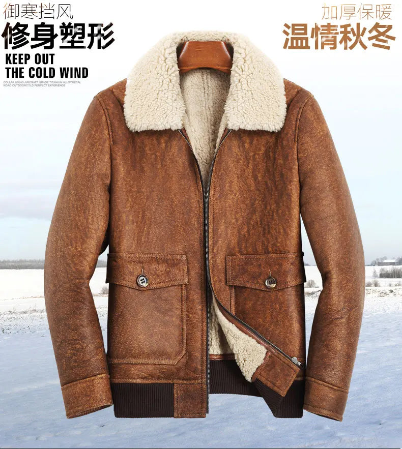 Men's Real Sheepskin Solid Pattern Turn-down Collar Slim Winter Coat