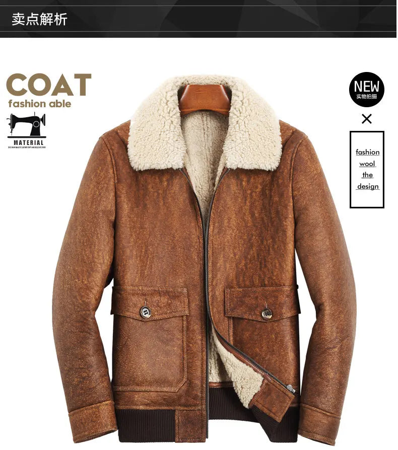 Men's Real Sheepskin Solid Pattern Turn-down Collar Slim Winter Coat