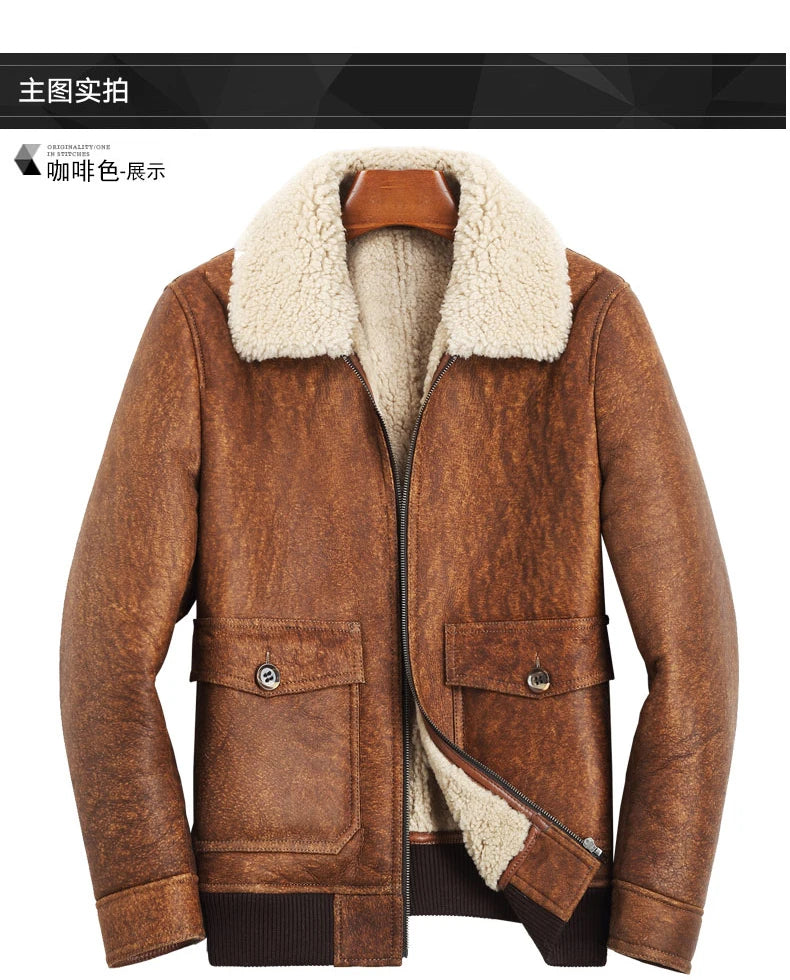 Men's Real Sheepskin Solid Pattern Turn-down Collar Slim Winter Coat