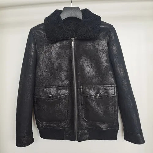 Men's Real Sheepskin Solid Pattern Turn-down Collar Slim Winter Coat