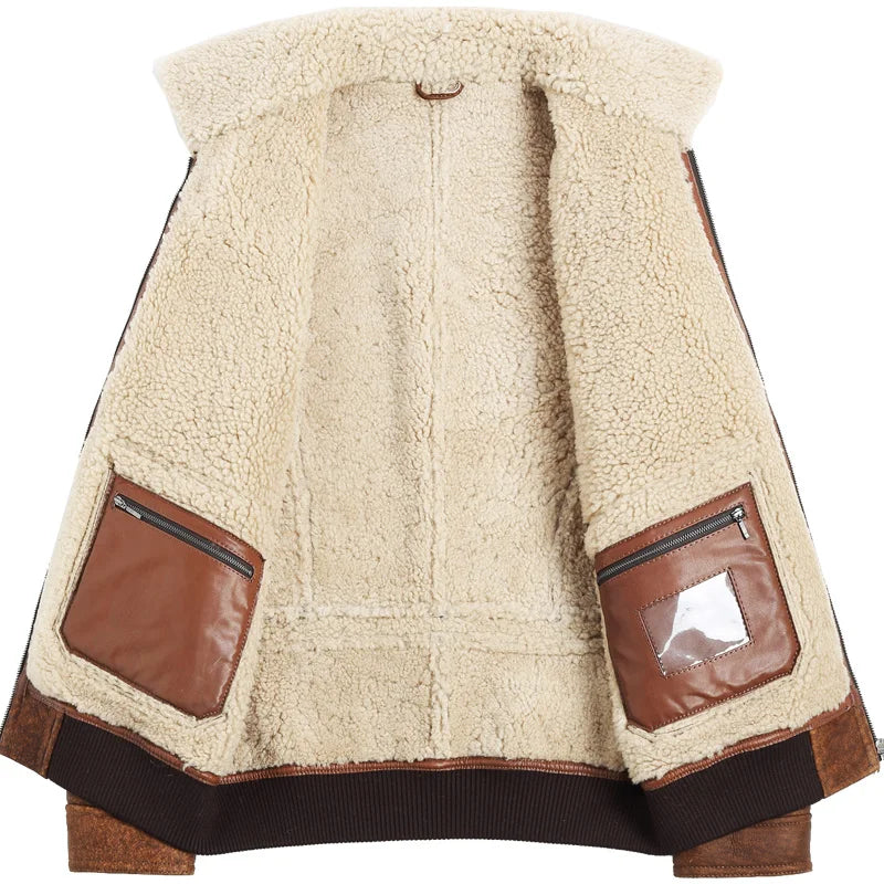 Men's Real Sheepskin Solid Pattern Turn-down Collar Slim Winter Coat